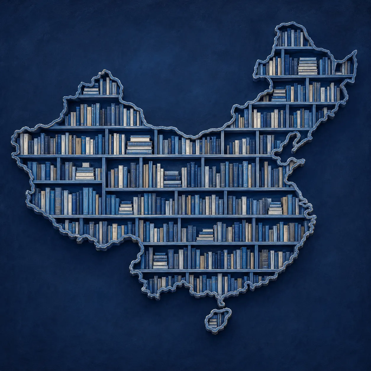 Mapa de China formado por estanterías llenas de libros