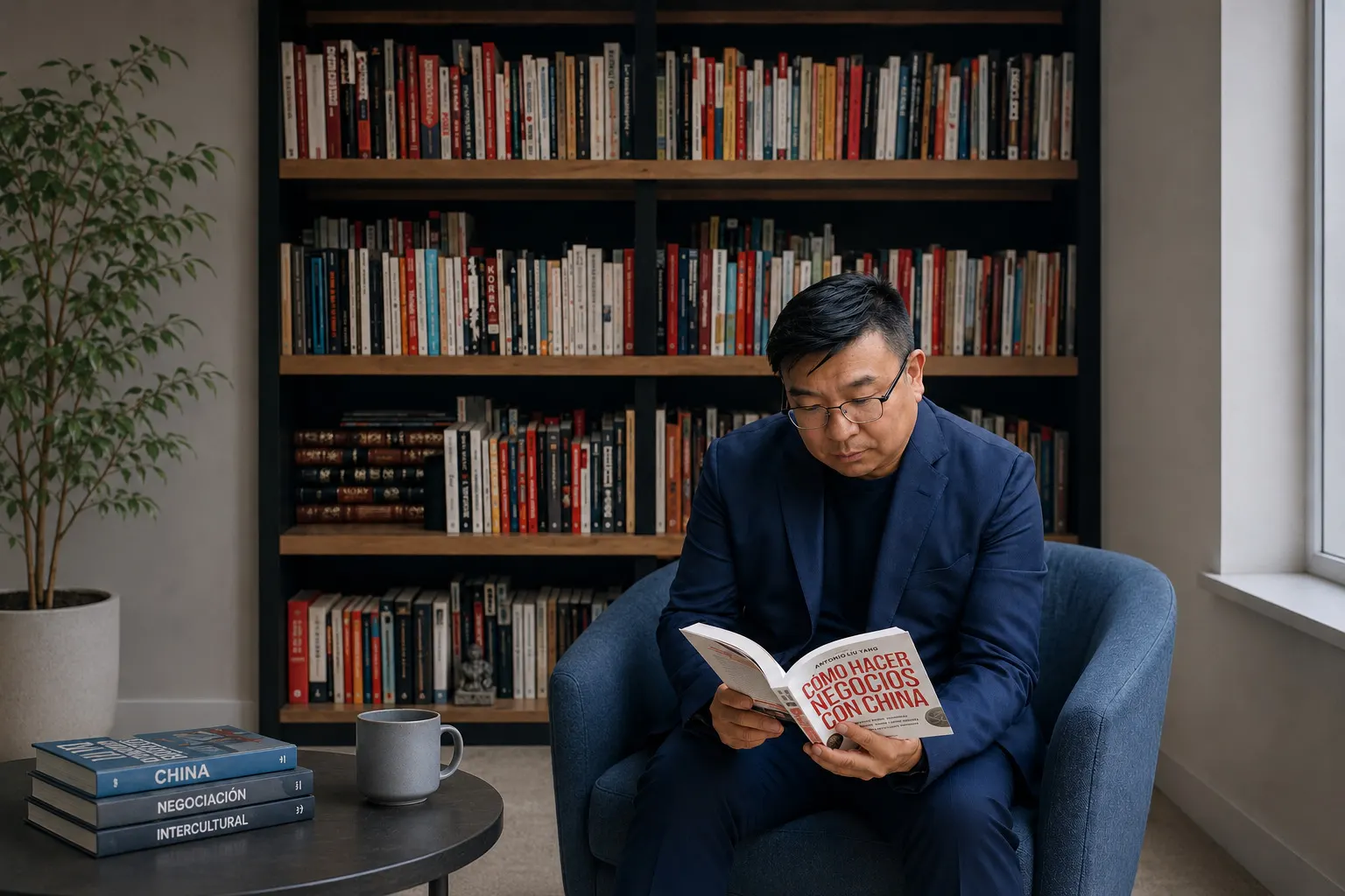 Antonio Liu Yang leyendo «Cómo hacer negocios con China» en una biblioteca