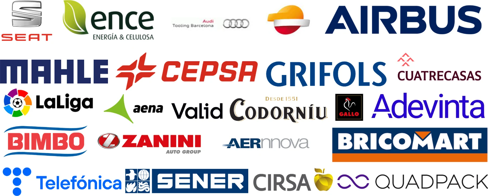 SEAT, Ence, Audi Tooling Barcelona, Repsol, Airbus, Mahle, Cepsa, Grifols, Cuatrecasas, LaLiga, Aena, Valid, Codorníu, Gallo, Adevinta, Bimbo, Zanini, Aernnova, Bricomart, Telefónica, Sener, Cirsa y Quadpack