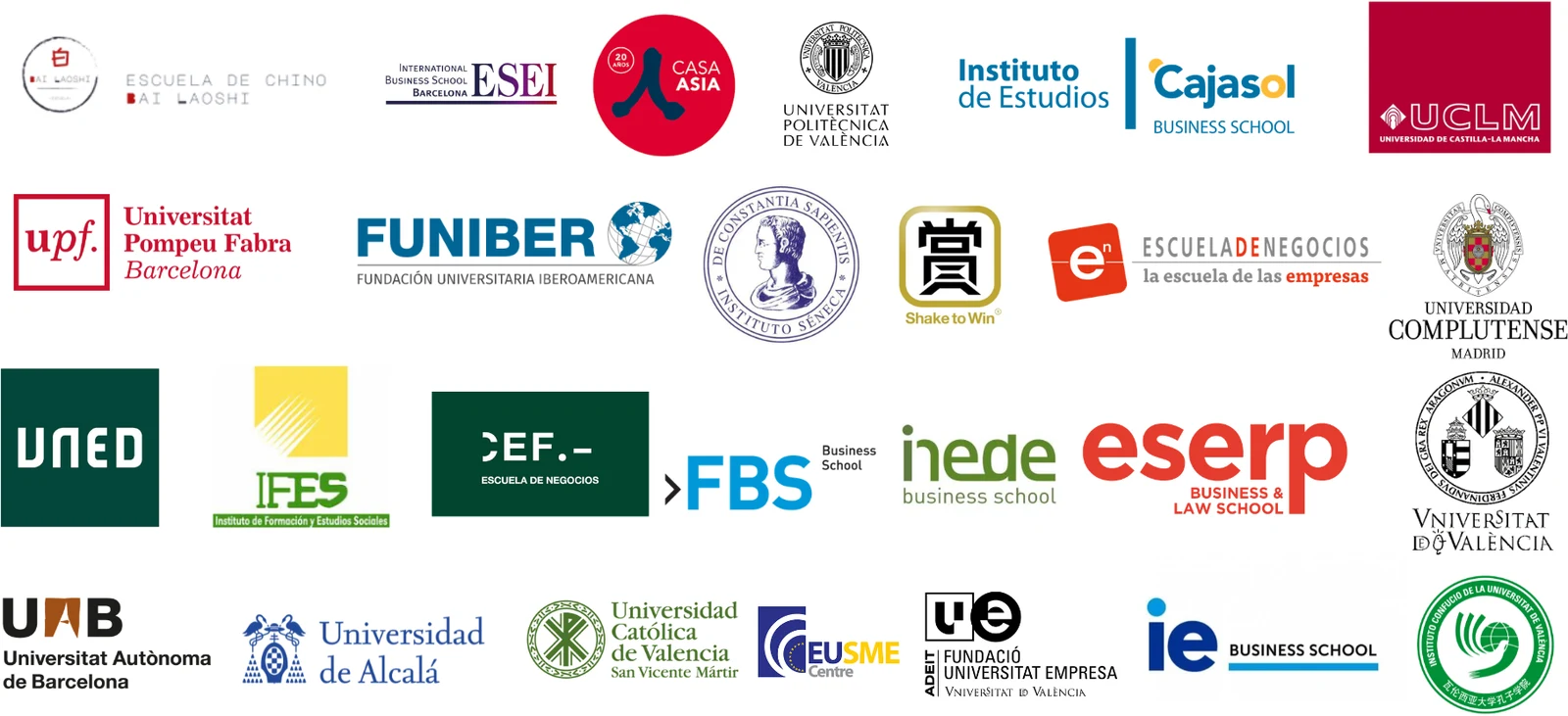 Universitat de València, Universitat Politècnica de València, Universidad Complutense de Madrid, Universitat Pompeu Fabra, Universitat Autònoma de Barcelona, Universidad de Alcalá, UCLM, UNED, Universidad Católica de Valencia, IE Business School, ESERP, Casa Asia y FUNIBER, entre otras